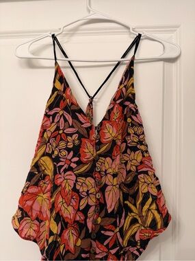 Floral V-Neck Spaghetti Strap Tank Top - Black with Pink & Red Floral